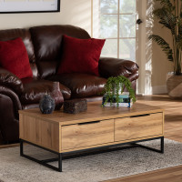 Baxton Studio CT8007-Oak-CT Baxton Studio Franklin Modern and Contemporary Oak Brown Finished Wood and Black Finished Metal 2-Drawer Coffee Table